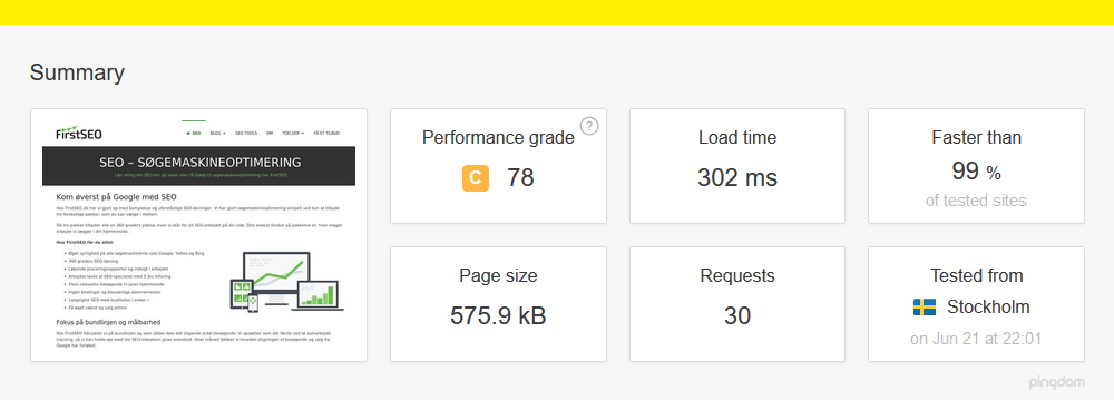 Hastighedstest med Pingdom Speedtest